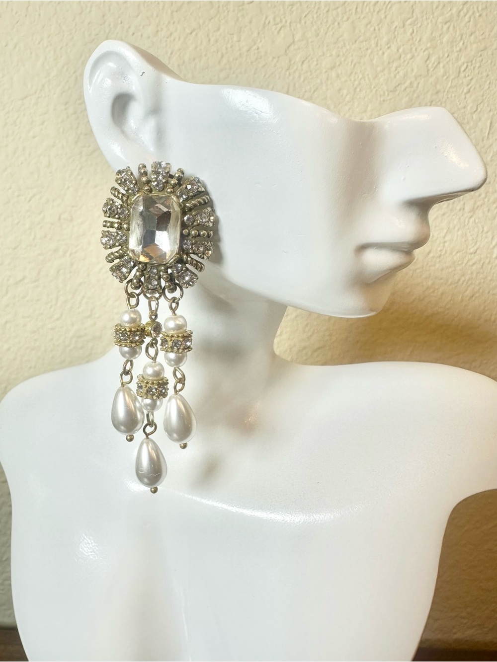 Gold-Tone Statement Pearl and Crystal Dangle Earrings